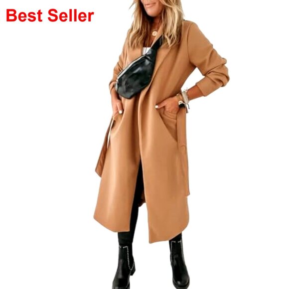 Women's Long Belted Wool Pea Coat Lapel Collar Open Front Jacket - Picture 4 of 7